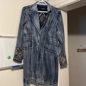 Zenim Denim Womens Embellished Embroidered Trench Notch Collar Boho Jacket Sz L